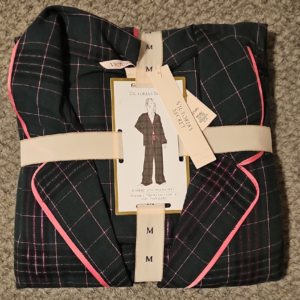 Victoria's Secret Dark Plaid Pajama Set with Pink Trim